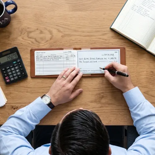 An accountant at a desk writing a paper check beside a calculator